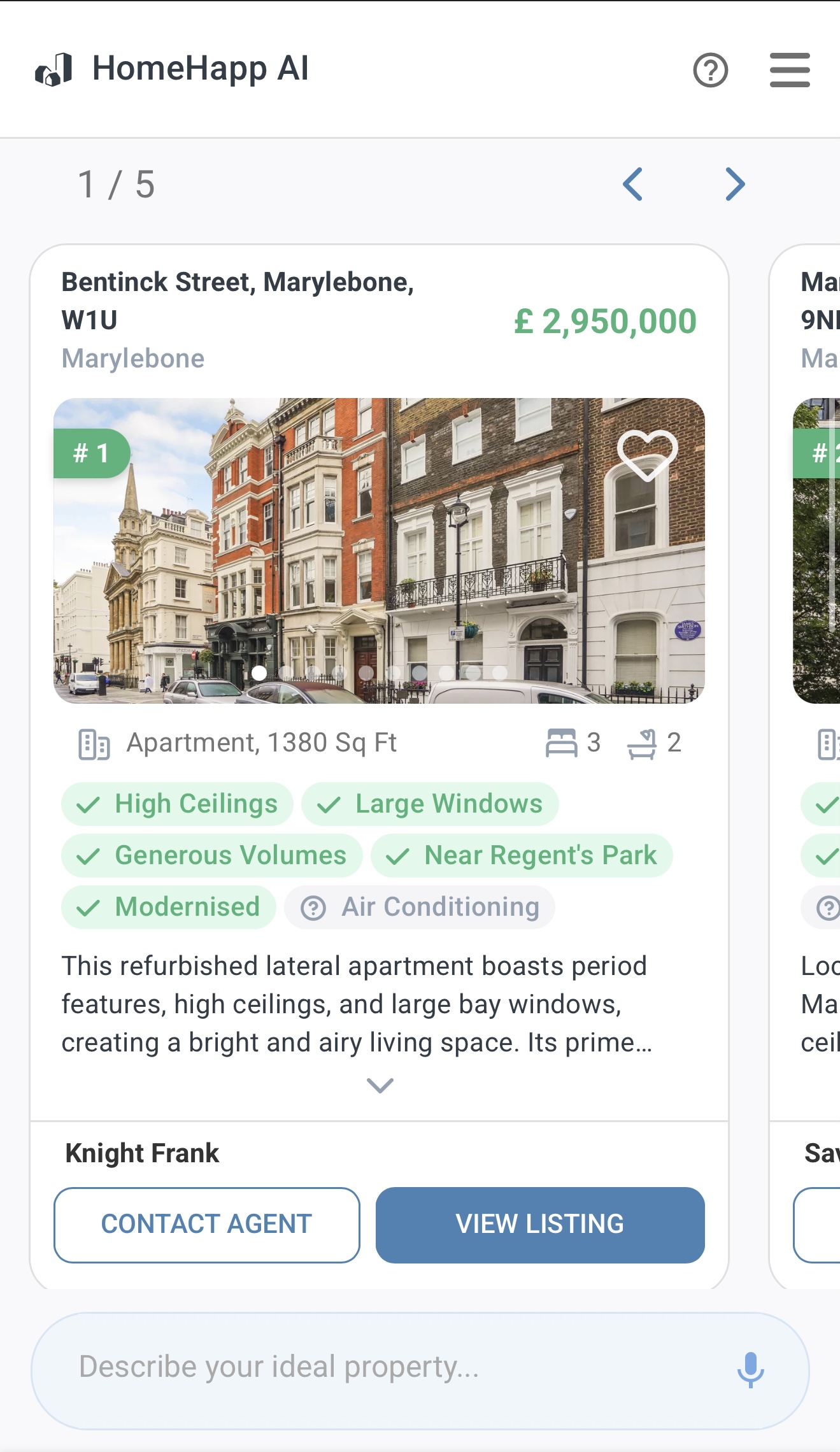 HomeHapp AI app screenshots showing property search results and agent dashboard.