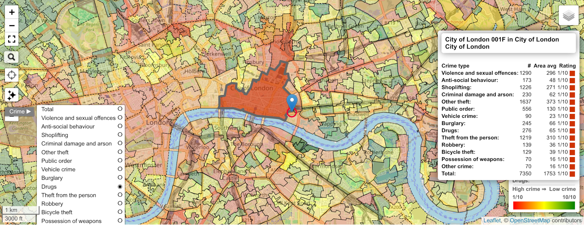 Map of East London showing areas with high drug crime counts.