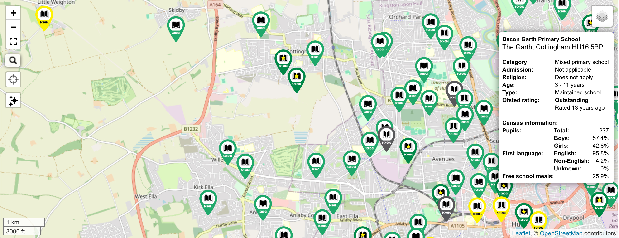 Map showing schools in Kingston upon Hull, UK.