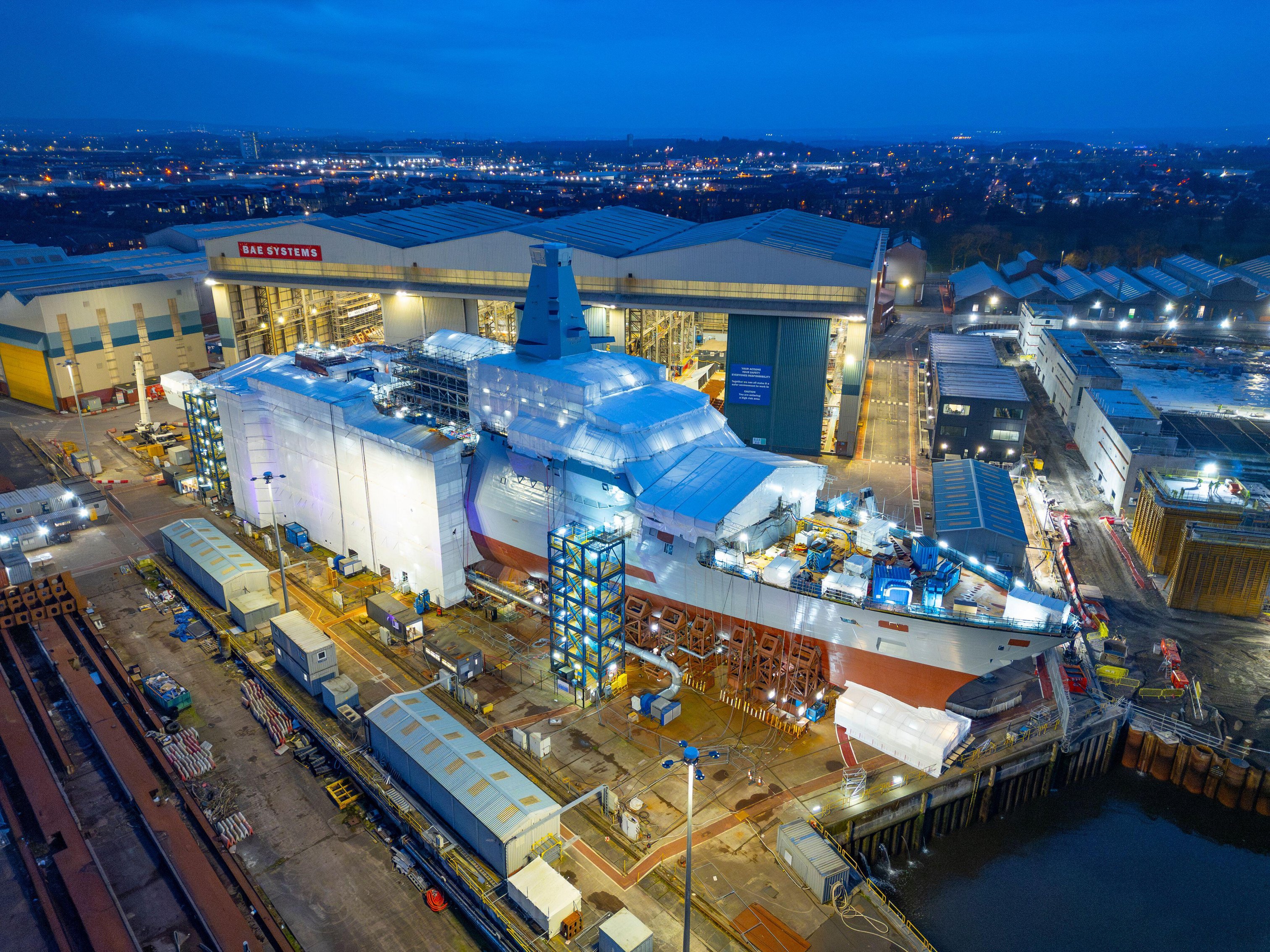HMS Cardiff, a Type 26 frigate under construction at a BAE Systems shipyard.