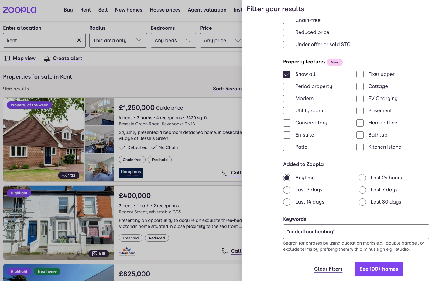 Zoopla property search results page showing filters and property listings.