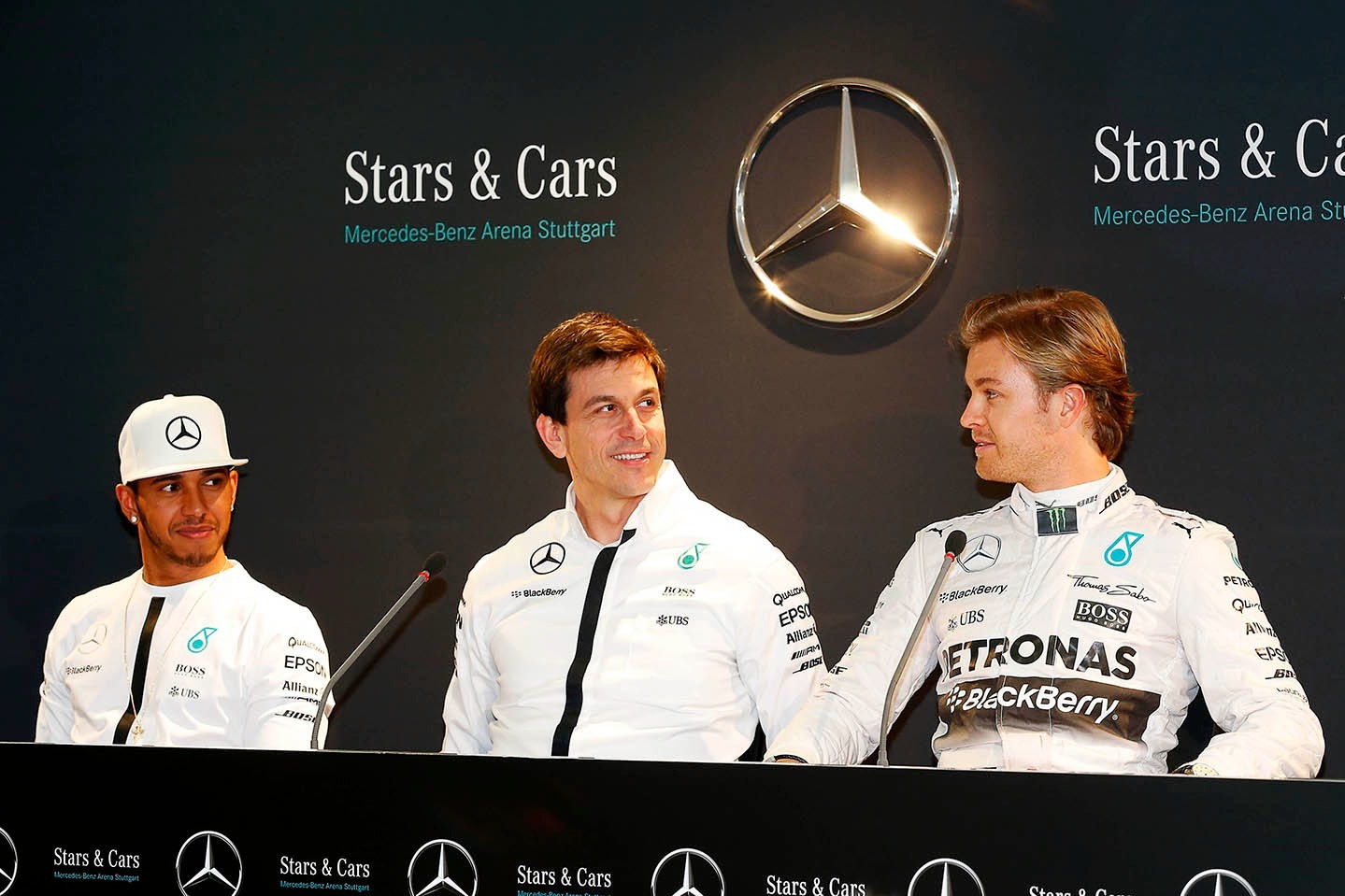 Lewis Hamilton, Nico Rosberg and Toto Wolff, Mercedes AMG F1 Shareholder and Executive Director