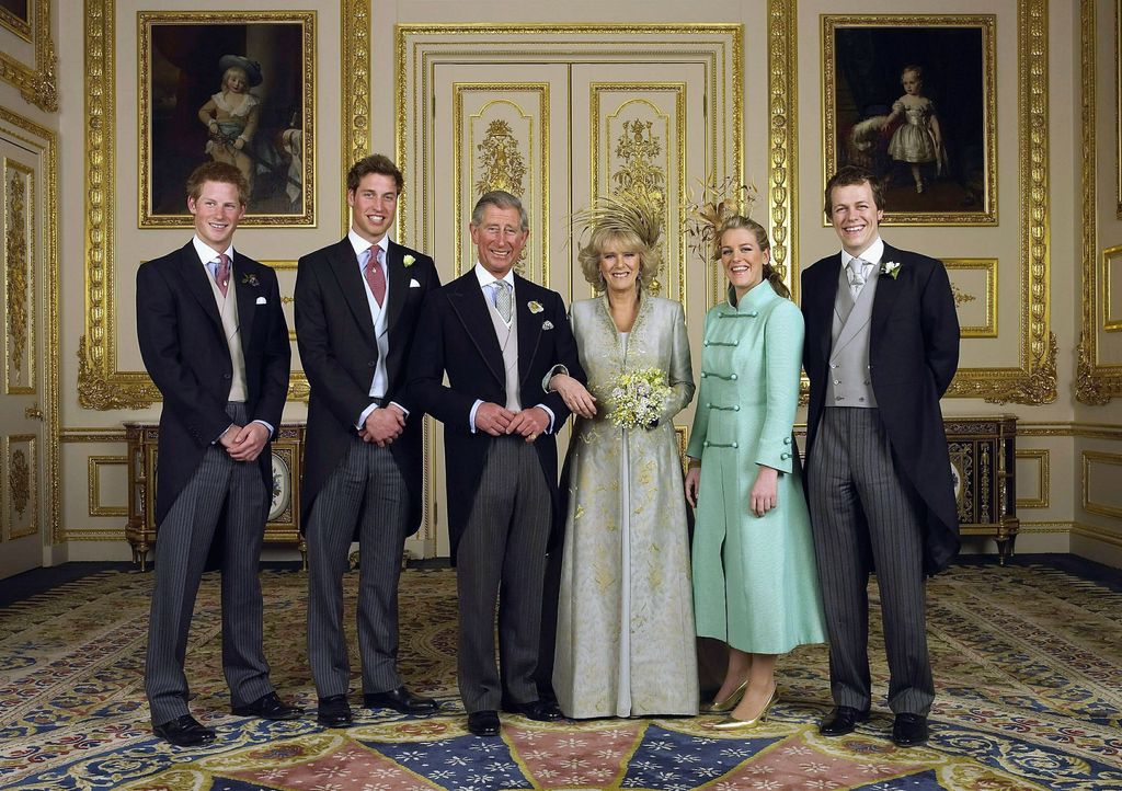 WINDSOR, ENGLAND - APRIL 9:  (EMBARGOED TILL 0001 BST MONDAY 11 APRIL 2005) TRH Prince Charles and The Duchess Of Cornwall, Camilla Parker Bowles pose with their children (L-R) Prince Harry, Prince William, Laura and Tom Parker Bowles, in the white drawing room for the Official Wedding group photo following their earlier marriage at The Guildhall, at Windsor Castle on April 9, 2005 in Berkshire, England. (Photo by Hugo Bernand/ROTA/Anwar Hussein Collection/Getty Images) 