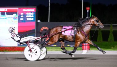 Crack Shot and driver Doug McNair winning the first division of the Simcoe Stakes on September 6, 2025 at Woodbine Mohawk Park (New Image Media)