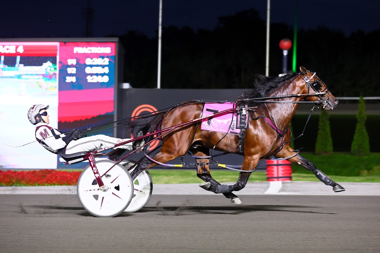Crack Shot and driver Doug McNair winning the first division of the Simcoe Stakes on September 6, 2025 at Woodbine Mohawk Park (New Image Media)