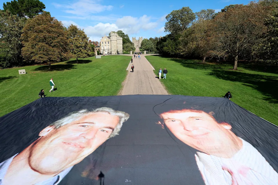 A large banner depicting U.S. President Donald Trump alongside disgraced financier Jeffrey Epstein displayed near the Windsor Castle, protesting Trump's state visit to the country, in Windsor, Britain, September 15, 2025.