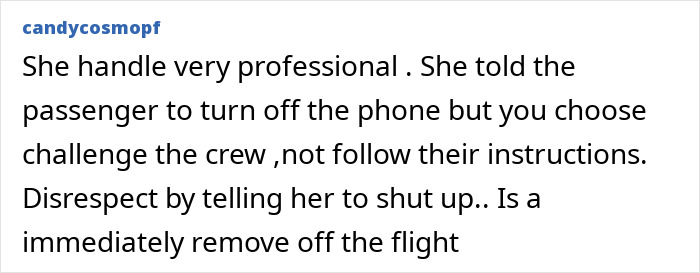 Comment about entitled passenger being removed from flight after telling flight attendant to shut up for professionalism breach.