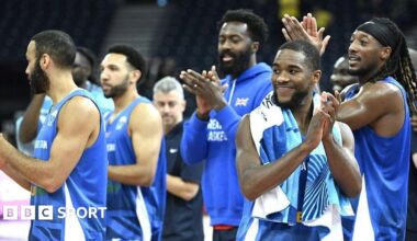 Great Britain's players clapping as they earn a win over Montenegro at EuroBasket 2025