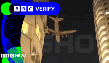 BBC Verify Live: Footage shows cargo jet flying low over Moscow during reported drone attack