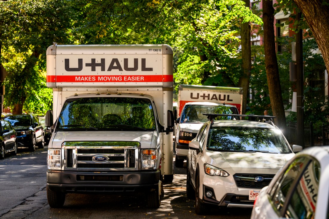 Several U-Haul trucks parked on a tree lined streets among cars. 