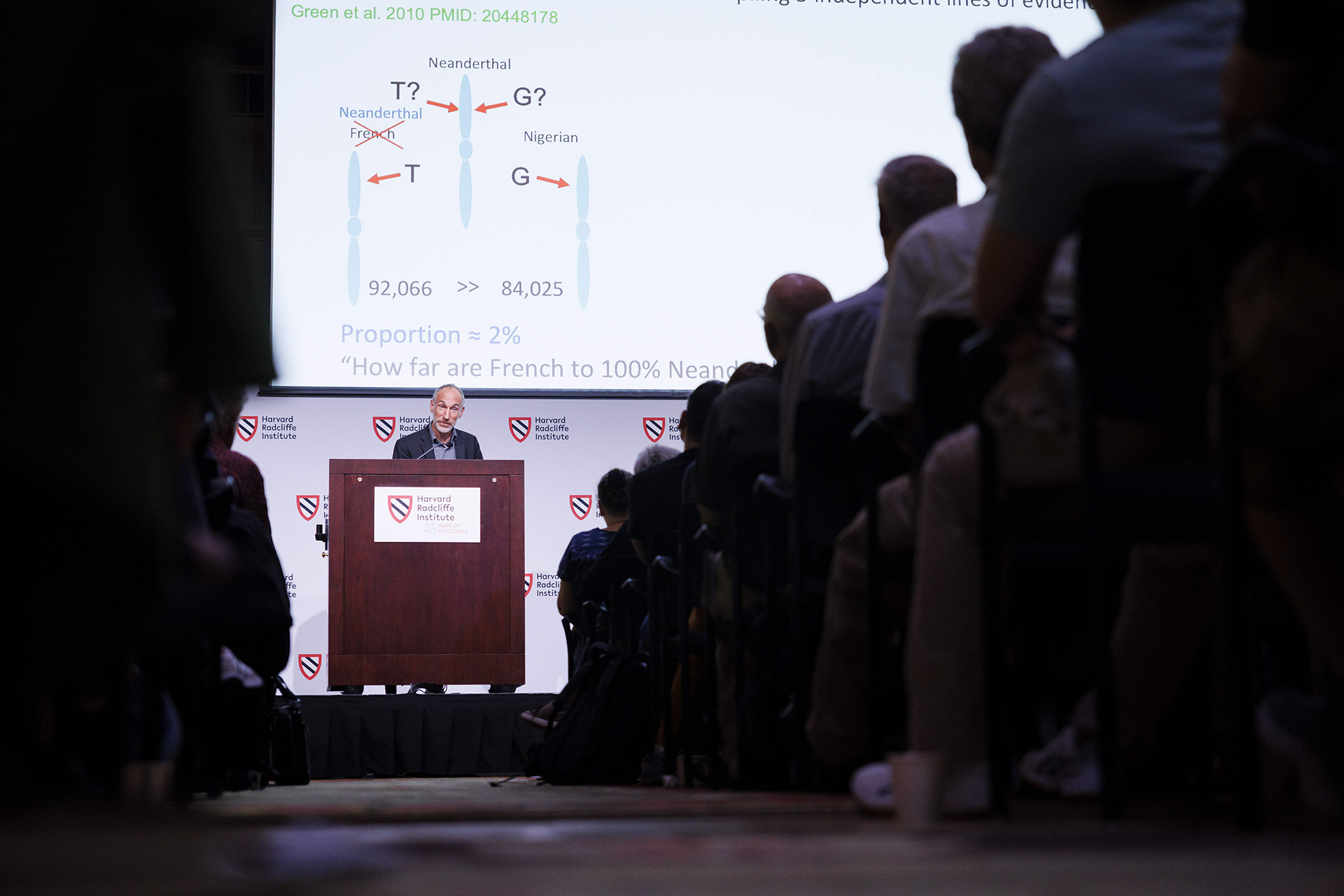 Audience watches David Reich lecture at Harvard Radcliffe Institute.