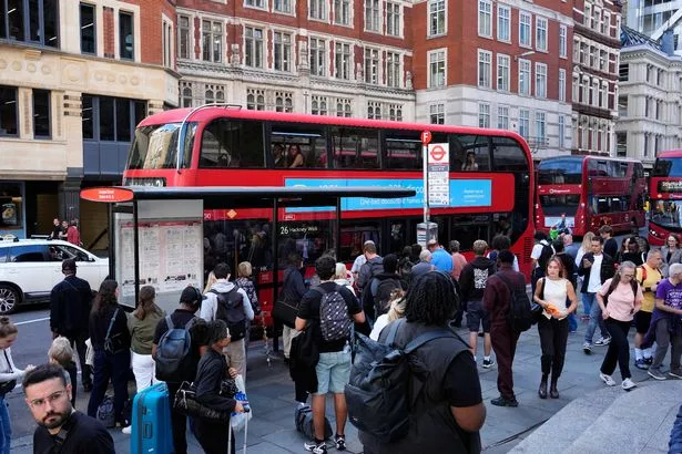 People queue fur buses outside Liverpool Street station in London as members of the Rail, Maritime and Transport (RMT) union including drivers, signallers and maintenance workers launched a series of strikes over pay and conditions. Picture date: Monday September 8, 2025