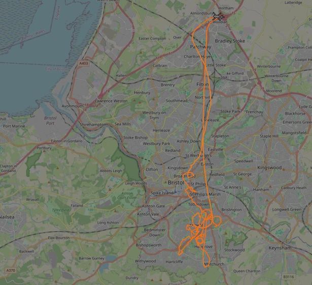 The complete flight path of the police helicopter before it landed in Almondsbury.