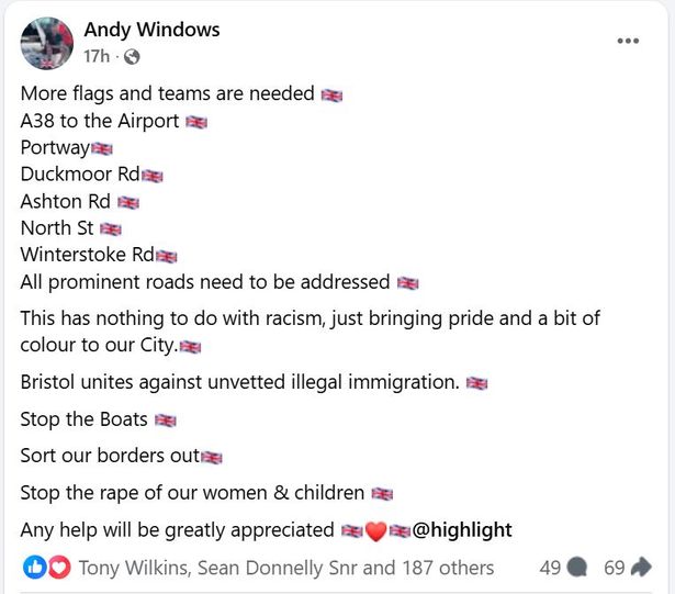 A screenshot of a public Facebook post by Andy Windows, from South Bristol, on September 10, 2025, rallying people to join him in putting up Union flags in various roads in Bedminster, Ashton and Bedminster Down