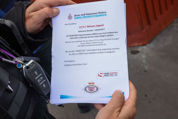 Police conducting door-to-door inquiries on Chakeshill Drive, Brentry, north Bristol, after a 9-year-old girl was shot three times with an pellet gun in what police are describing as a racially aggravated attack