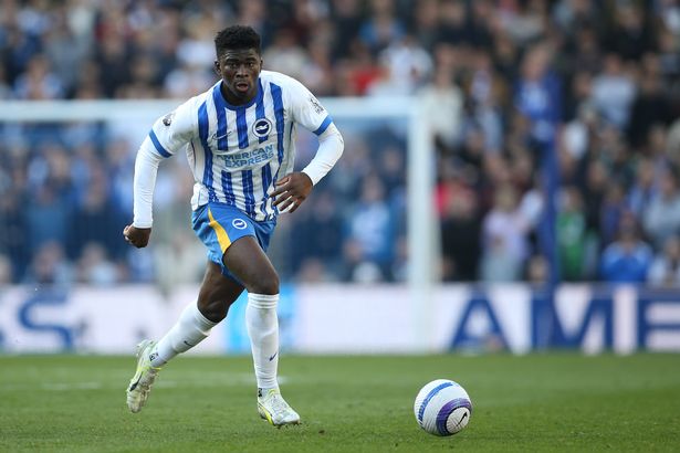 Carlos Baleba of Brighton & Hove Albion FC runs with the ball during the Premier League match between Brighton & Hove Albion FC and Fulham FC at Amex Stadium on March 08, 2025 in Brighton, England
