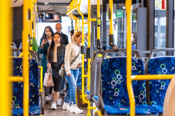 Diverse passengers boarding city bus, indoor view. Group of people standing in aisle and taking seats in public transport