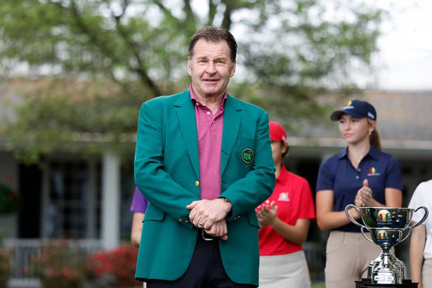 AUGUSTA, GEORGIA - APRIL 06: Sir Nick Faldo of England presents awards to the Girls 14-15 group during the Drive, Chip and Putt Championship at Augusta National Golf Club on April 06, 2025 in Augusta, Georgia. (Photo by Michael Reaves/Getty Images)