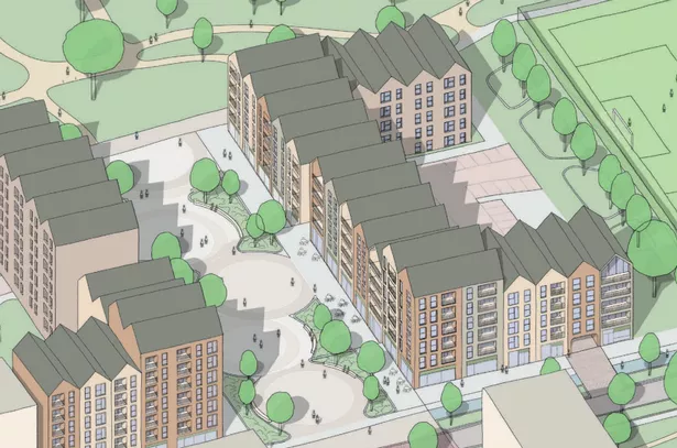 Aerial sketch of the proposed new local centre in Druids Heath, Birmingham.