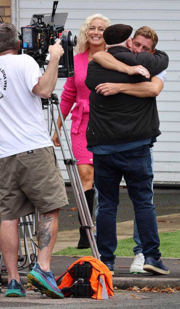Suzanne Collins (Nikki Shadwick), Michael Starke (Sinbad) and Philip Olivier (Tinhead) on the set of Brookside