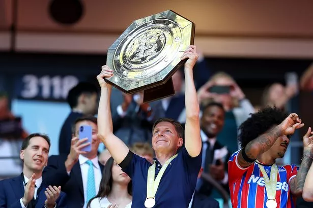Oliver Glasner, Manager of Crystal Palace, celebrates with the FA Community Shield