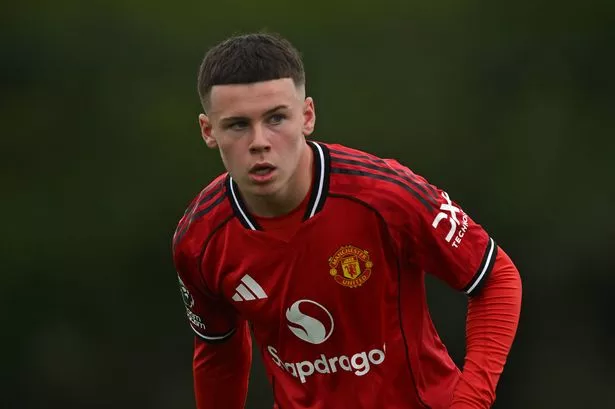Manchester United's Kai Rooney in action during the Under 18 Premier League between Manchester United U18s and Middlesbrough U18s at Carrington Training Ground on August 23, 2025 in Manchester, England.