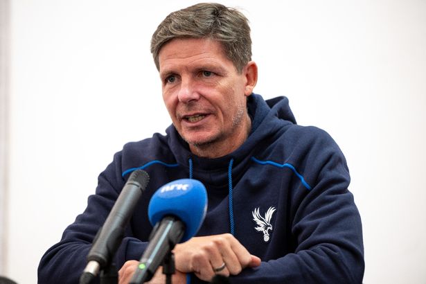 FREDRIKSTAD, NORWAY - AUGUST 27: Oliver Glasner, manager of Crystal Palace during the press conference ahead of the UEFA Conference play-off  match on August 27, 2025 in Fredrikstad, Norway. (Photo by Sebastian Frej/Getty Images)