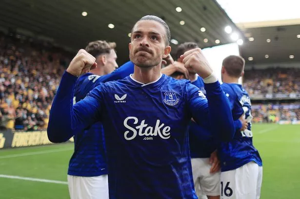 WOLVERHAMPTON, ENGLAND - AUGUST 30: Jack Grealish of Everton celebrates during the Premier League match between Wolverhampton Wanderers and Everton at Molineux on August 30, 2025 in Wolverhampton, England. (Photo by Simon Stacpoole/Offside/Offside via Getty Images)