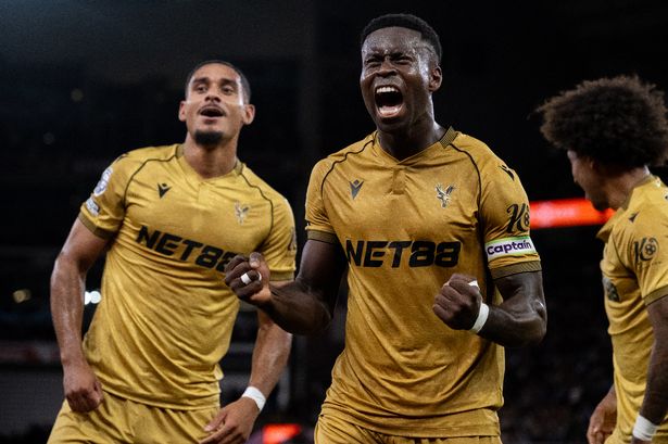 BIRMINGHAM, ENGLAND - AUGUST 31: Marc Guehi of Crystal Palace celebrates after scoring a goal during the Premier League match between Aston Villa and Crystal Palace at Villa Park on August 31, 2025 in Birmingham, United Kingdom. (Photo by Sebastian Frej/Getty Images)