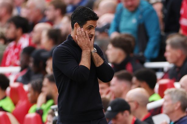 LIVERPOOL, ENGLAND - AUGUST 31: Mikel Arteta, Manager of Arsenal, reacts during the Premier League match between Liverpool and Arsenal at Anfield on August 31, 2025 in Liverpool, England. (Photo by Alex Pantling/Getty Images)