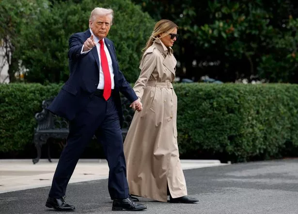 U.S. President Donald Trump and first lady Melania Trump depart the White House en route to London on September 16, 2025 in Washington, DC.