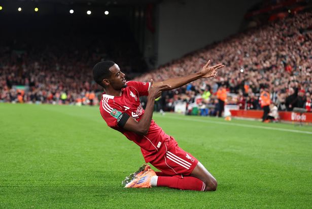 Alexander Isak celebrates after scoring the first goal and his first for the club during the Carabao Cup Third Round match between Liverpool and Southampton at Anfield on September 23, 2025 in Liverpool, England.
