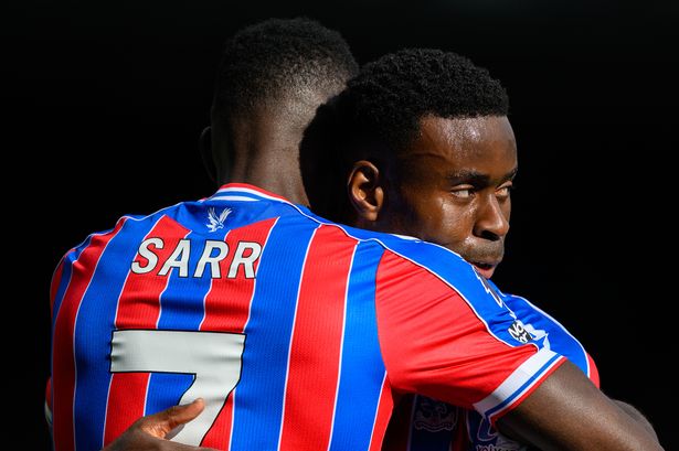 Ismaila Sarr of Crystal Palace celebrate with Marc Guehi after scoring goal during the Premier League match between Crystal Palace and Liverpool at Selhurst Park