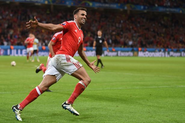 Hal Robson-Kanu celebrates scoring against Belgium at Euro 2016