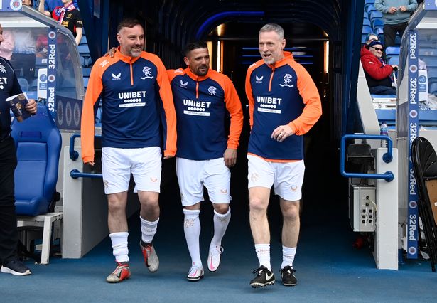 Kris Boyd, Nacho Novo and Craig Moore during a Rangers Legends match