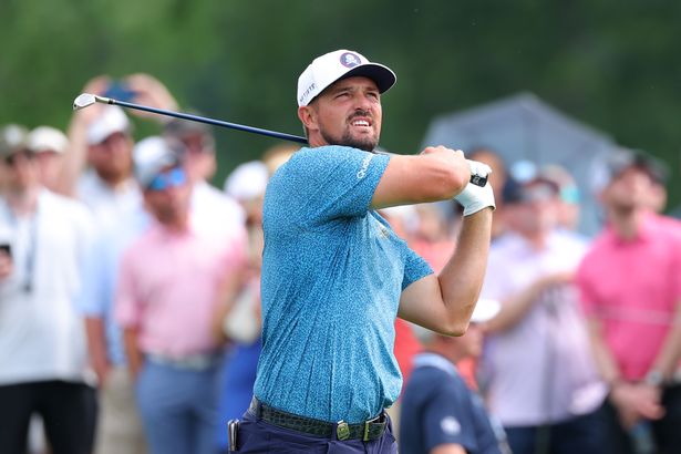 Bryson DeChambeau watches a tee shot on the 17th hole during the second round of the PGA Championship