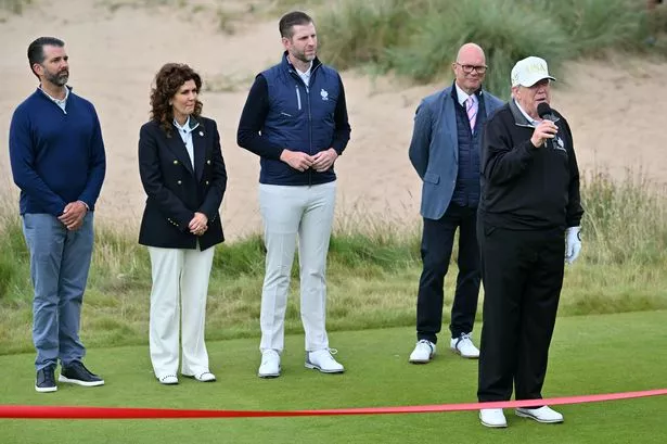 Donald Trump, flanked by his sons Eric Trump (centre) and Donald Trump Jr (left) officially opened the second course at the family's Menie Estate.
