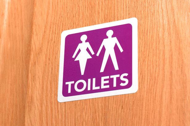 An image of a dark pink toilet sign on a wooden door, showing both male and female figures.
