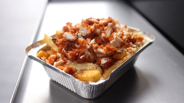One of the meals, cheesy chips and chicken topped with Indian sauce, from Bhookie in Liverpool ONE