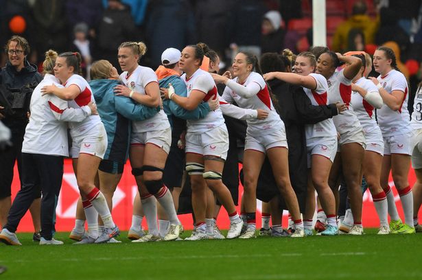 England players react after winning the Women's Rugby World Cup 2025 quarterfinal match between England and Scotland in Bristol, England, Sunday, Sept. 14, 2025.