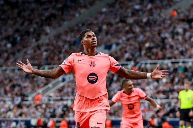 Marcus Rashford celebrates for Barcelona. 