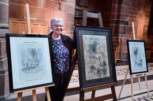Val Jackson(Archivist),with drawings by Wallace Coop,at the Decades of art Exhibition held at Liverpool Cathedral