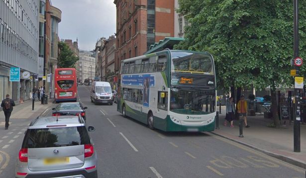 John Dalton Street, Manchester. Its junction with Deansgate is a hotspot for red-light jumping. 