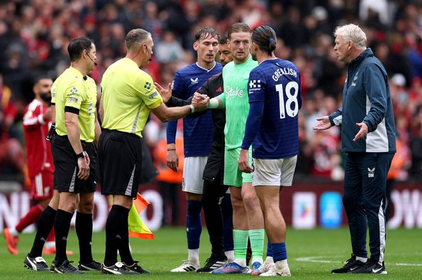 David Moyes and Jack Grealish confront officials after the Merseyside derby