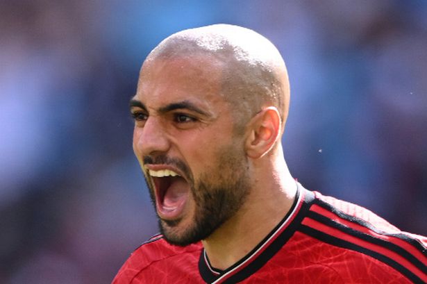 Sofyan Amrabat celebrates after Manchester United win the FA Cup