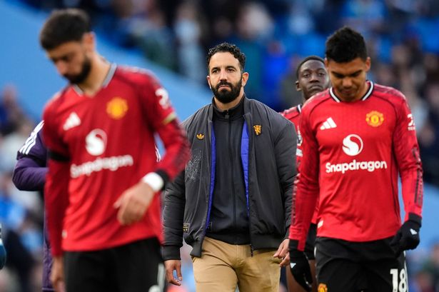Manchester United manager Ruben Amorim appears dejected following the Premier League match at Etihad Stadium