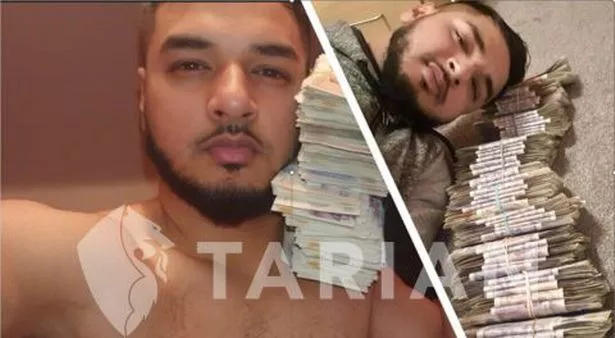 Mohammed Hussain posing with cash, the profits of supplying cannabis.