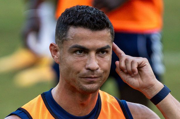 Cristiano Ronaldo of Al-Nassr reacts during the Al-Nassr training session after the Saudi Super Cup Final Pre-Match Press Conference at the JW Marriott