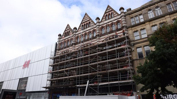 Scaffolding is erected on the old arcade building on Lord Street in Liverpool