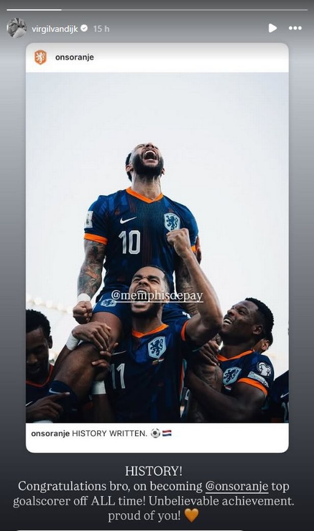 Virgil van Dijk congratulates Memphis Depay on Instagram